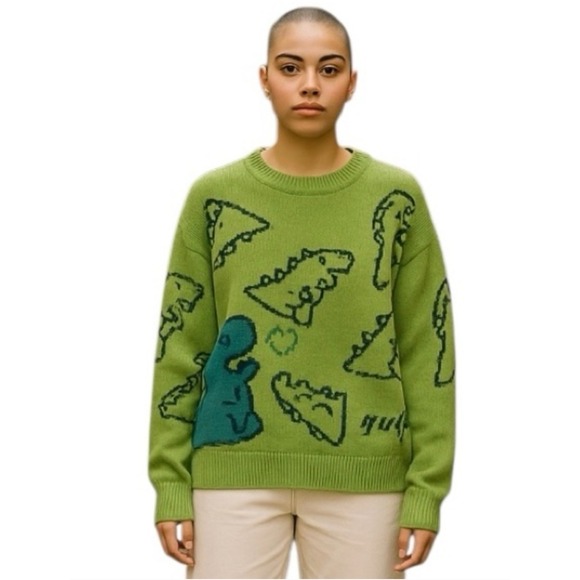 Aelfric Eden Dinosaur Graphic Knit Sweater Novelty Crewneck Green Womens XL - Picture 1 of 8